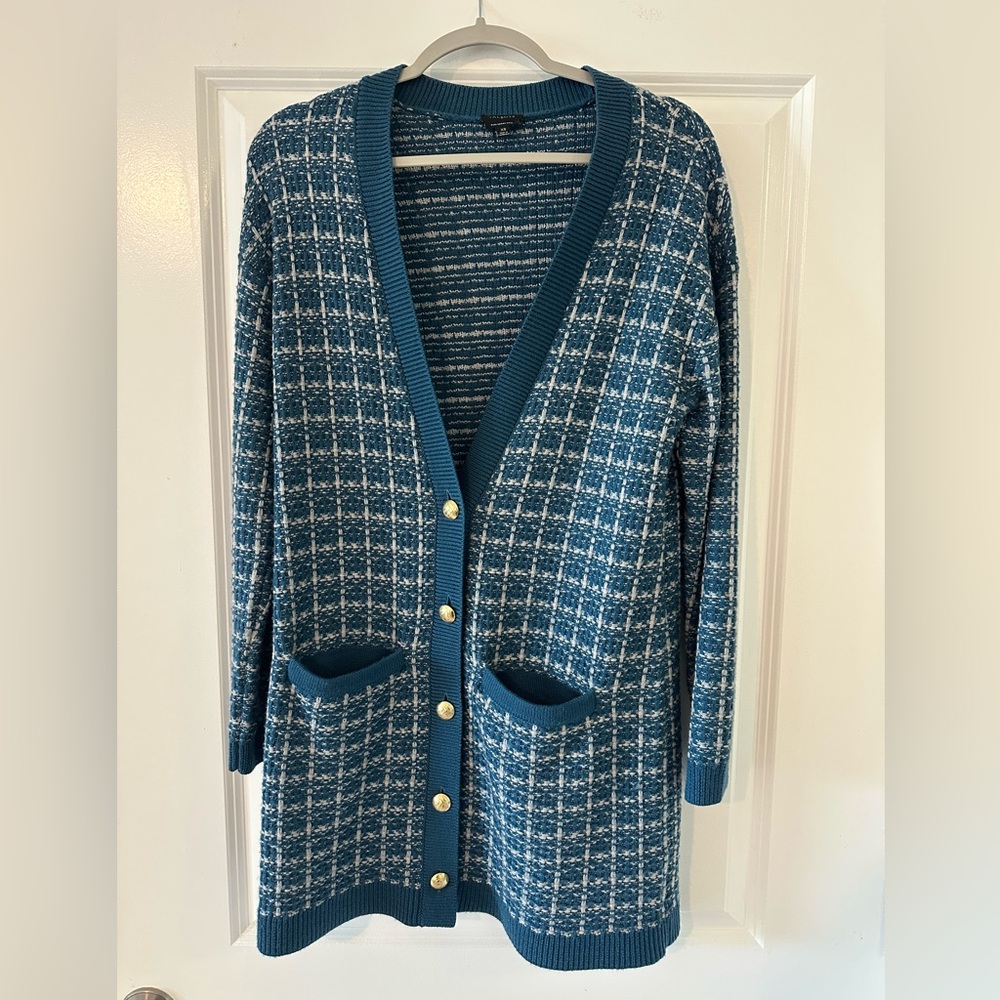 Long knit plaid cardigan from Talbots.